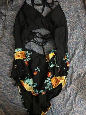 Black Floral One-Piece Swimsuit with Strappy Back